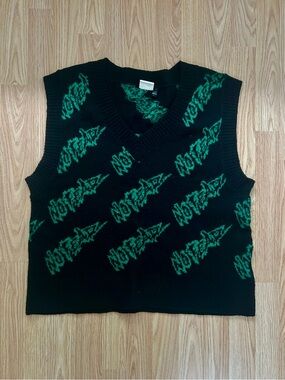 No Fear X H&M Black Knit V-Neck Sweater Vest with Green Graphic Logo